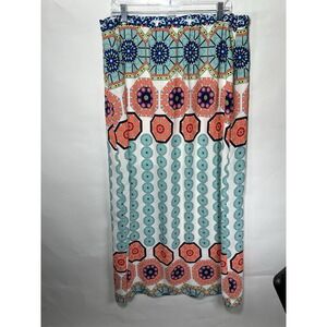 Peach Love *Large* Orange Blue Geometric Straight Pull On Maxi Womens Skirt Boho